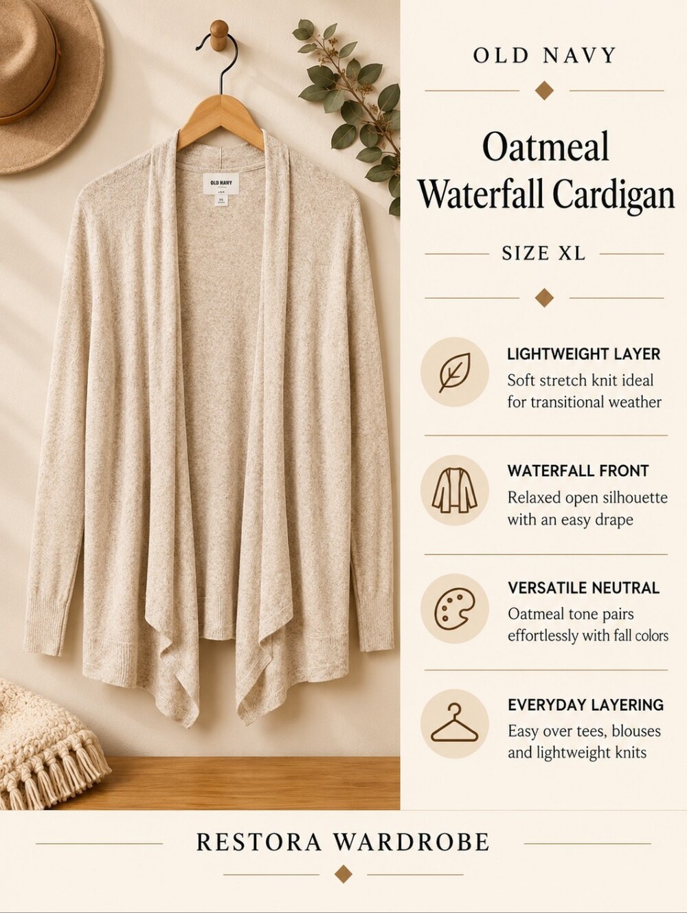 Old Navy Cardigan Oatmeal Waterfall Open Front Lightweight XL Minimalist